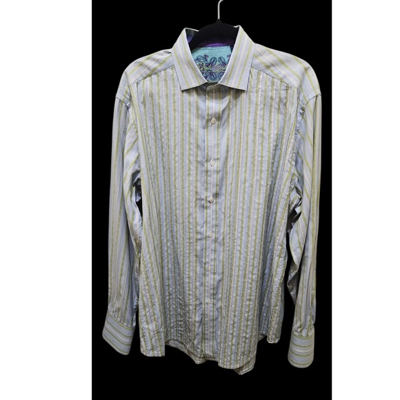 Robert‎ Graham Striped Button Down Shirt Paisley Trim Long Sleeve L - Picture 1 of 8